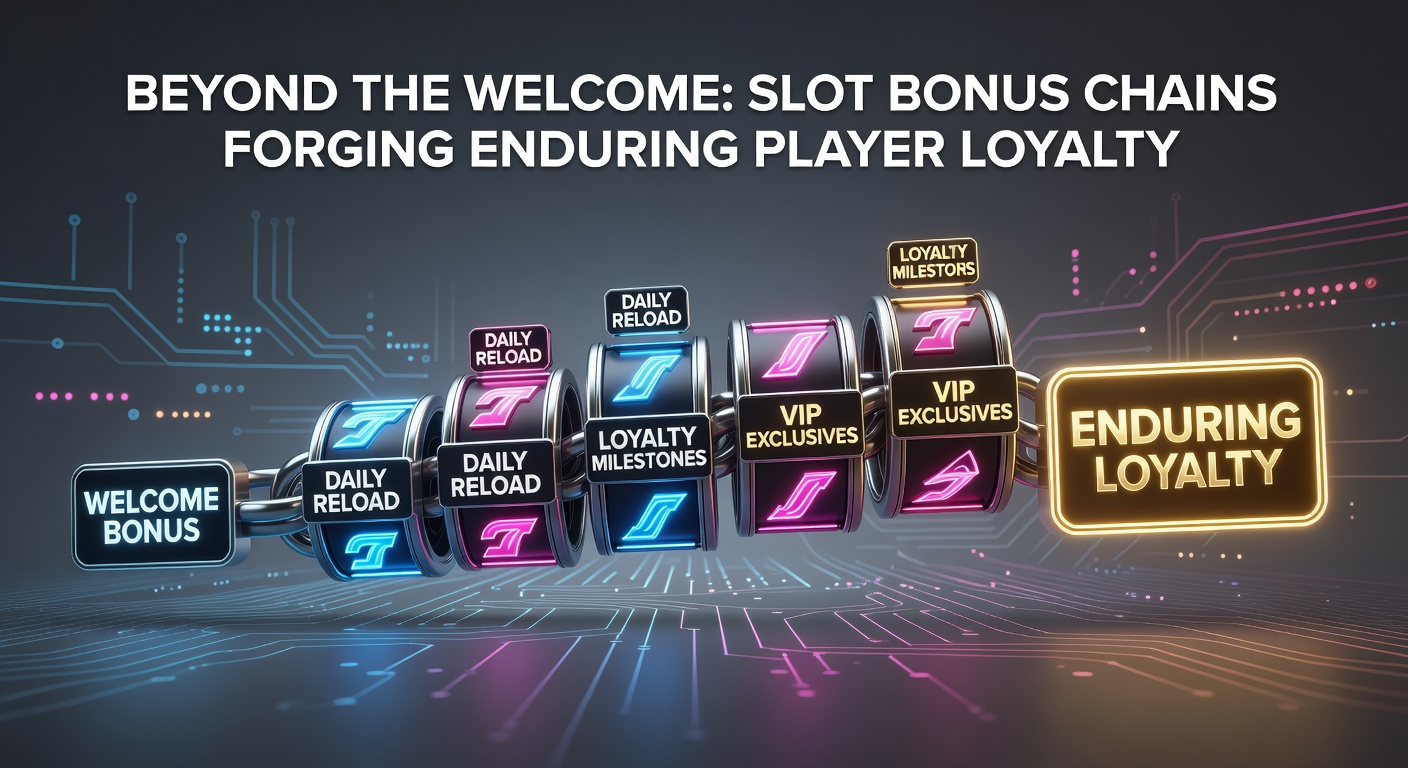 Infographic depicting a chain of slot bonuses linking welcome offers to loyalty tiers, with icons for reloads, cashback, and VIP unlocks