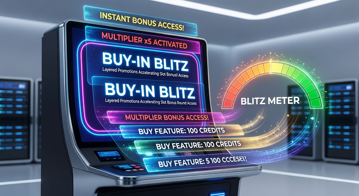 Vibrant slot machine screen displaying a buy-in bonus activation with layered promotional overlays and accelerating reward meters