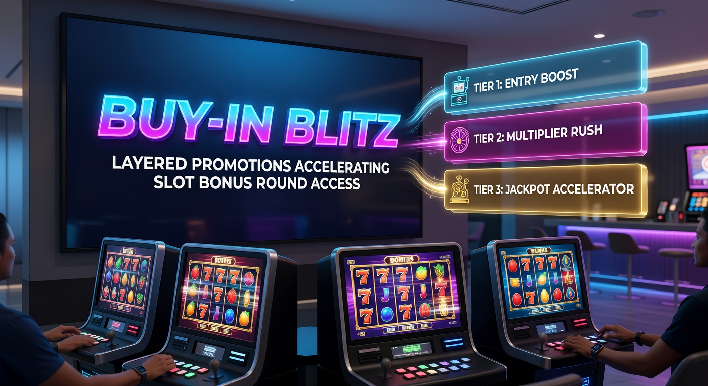 Dynamic infographic illustrating layered buy-in promotions with stacked bonuses, cost reductions, and accelerated bonus round triggers on a slot interface