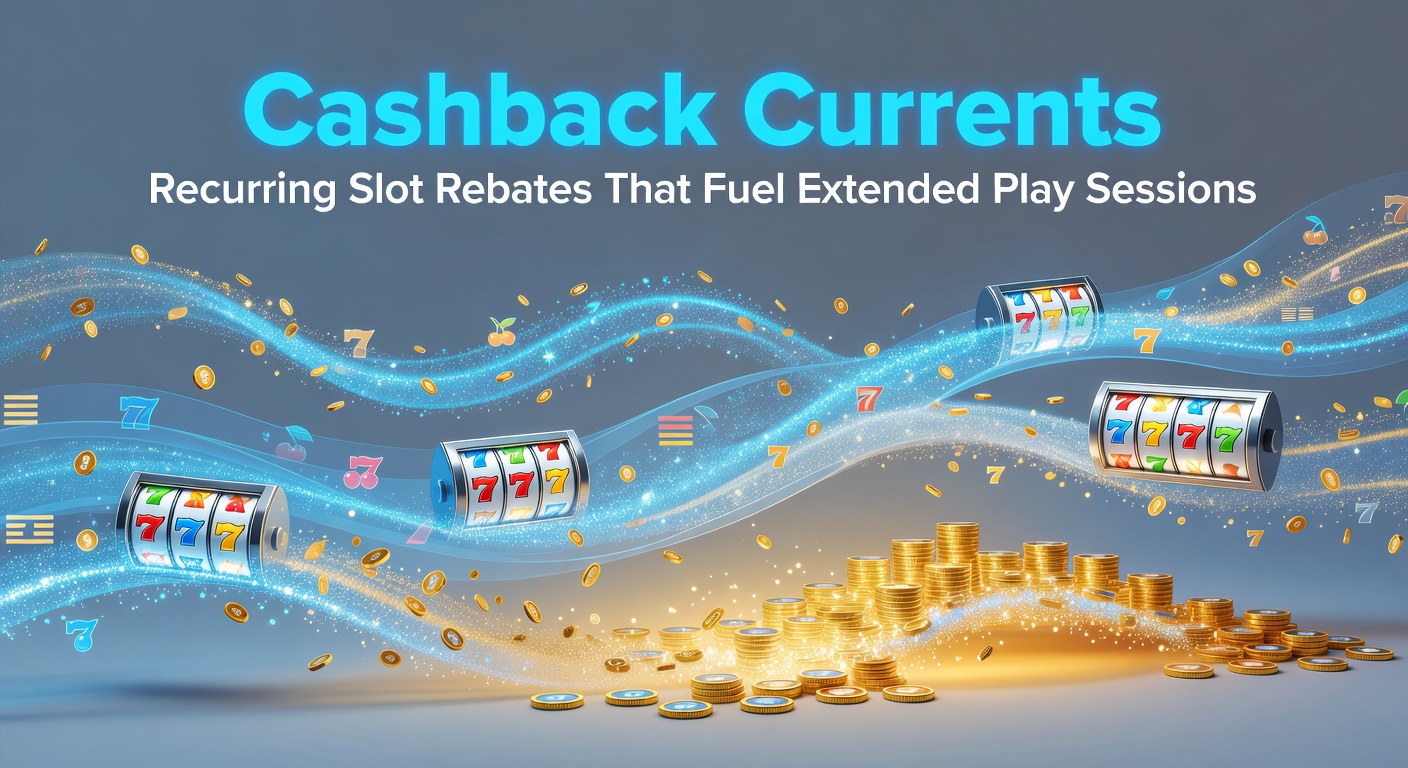 Digital graphic showing cashback rebates flowing like currents back into a vibrant slot machine interface, extending play sessions with glowing rebate icons
