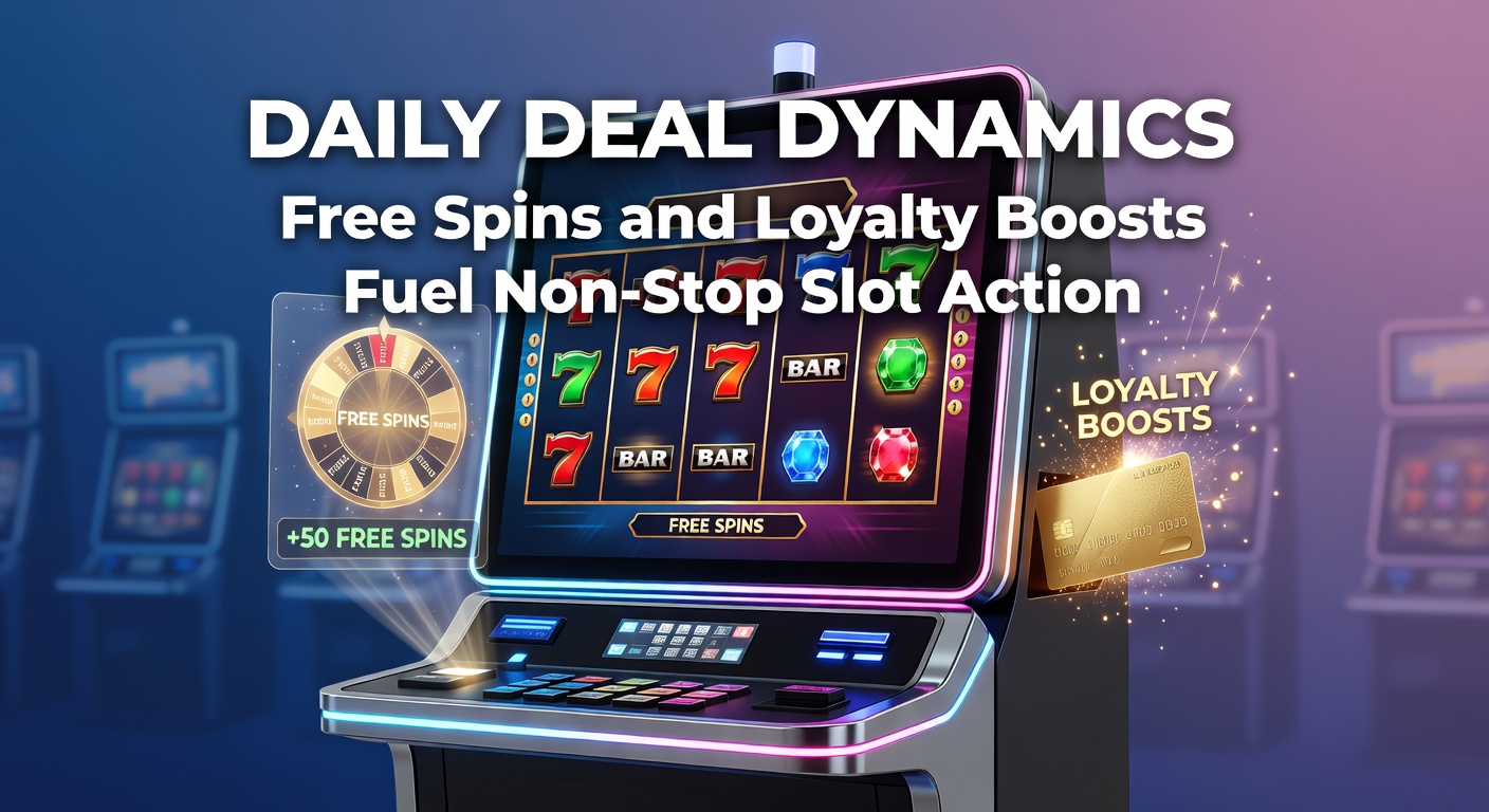 Vibrant slot machine reels spinning with free spin icons and loyalty badge overlays, illustrating non-stop action fueled by daily deals