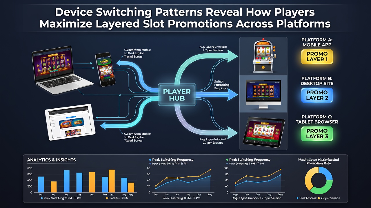 Analytics dashboard showing device switching patterns and layered bonus activations across mobile desktop and tablet platforms