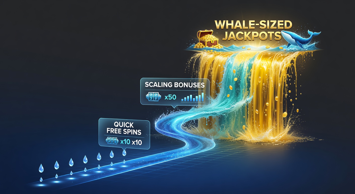 Dynamic slot bonus progression graphic showing free spins evolving into multiplier towers and jackpot wheels, with coins pouring from deluge-level rewards