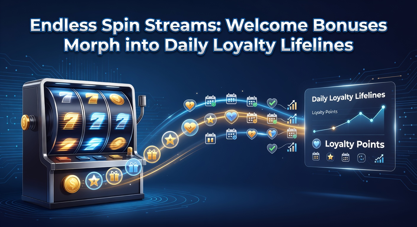 Vibrant slot machine reels cascading with endless free spins, symbolizing the shift from one-time welcome offers to continuous daily rewards