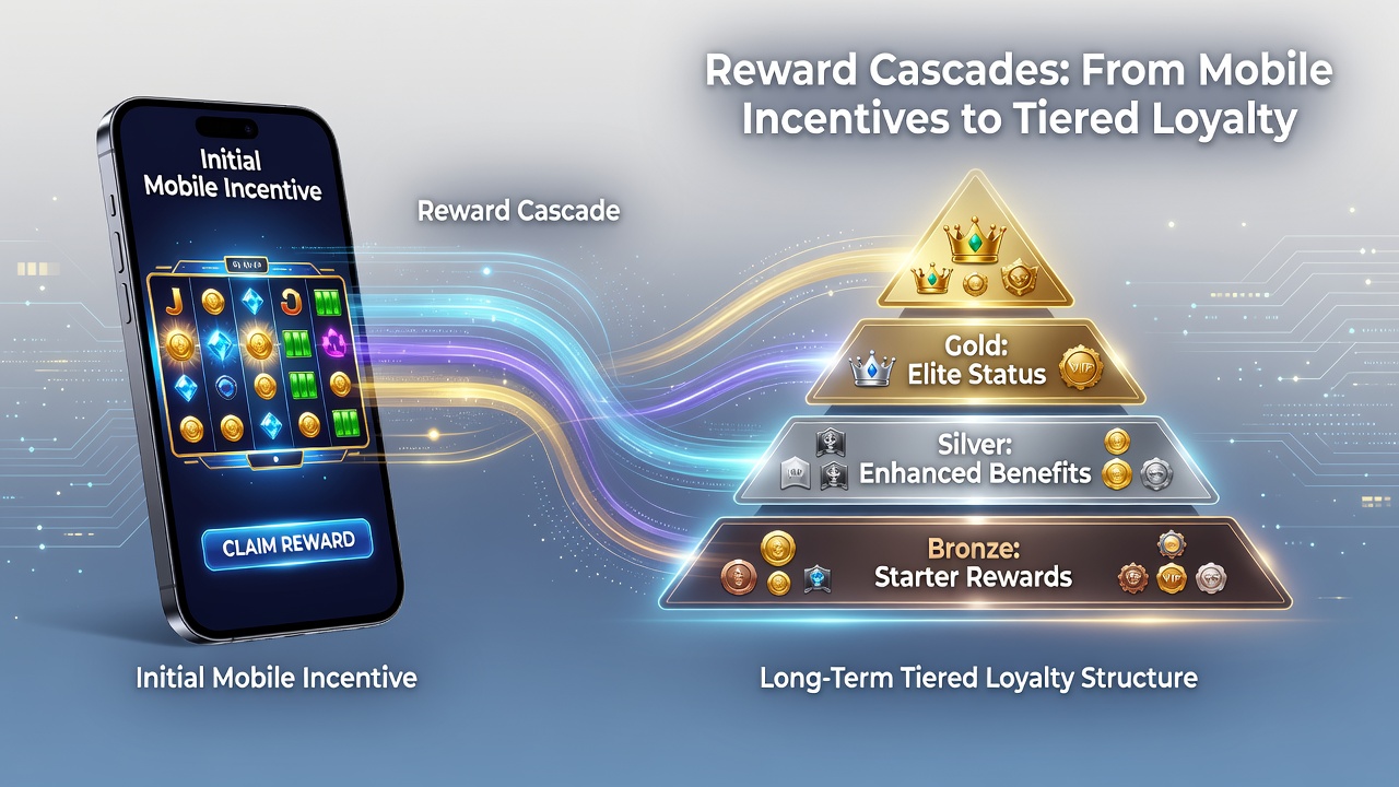 Flowchart illustrating reward cascade progression from mobile bonuses to VIP loyalty tiers