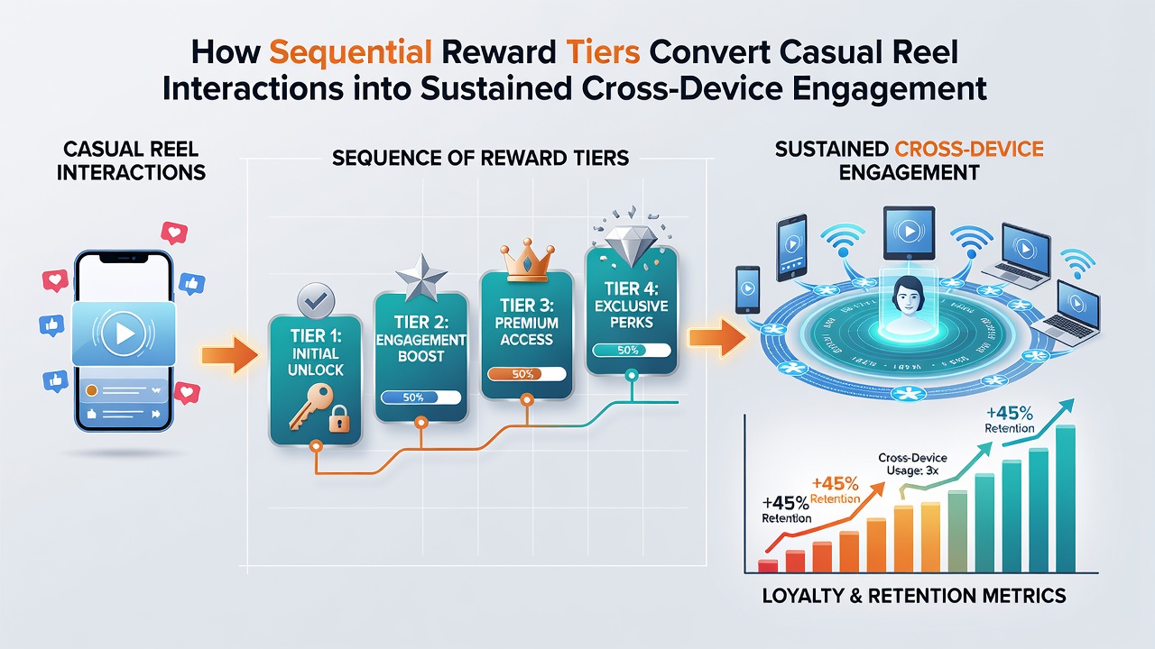 Diagram depicting the flow from casual reel spins through reward tiers to sustained cross-device player engagement