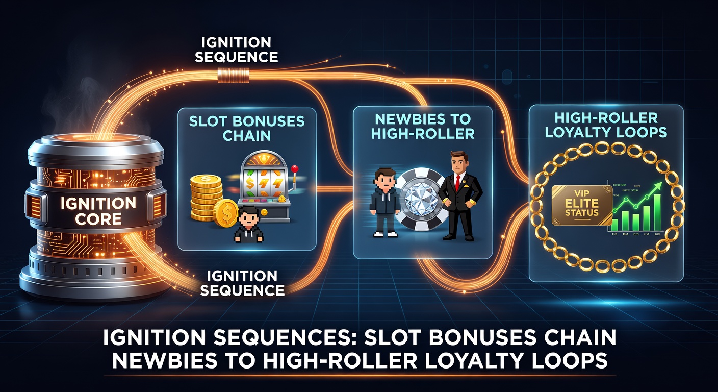 Vibrant slot reels igniting with bonus sparks, forming a chain that loops toward glittering VIP loyalty towers