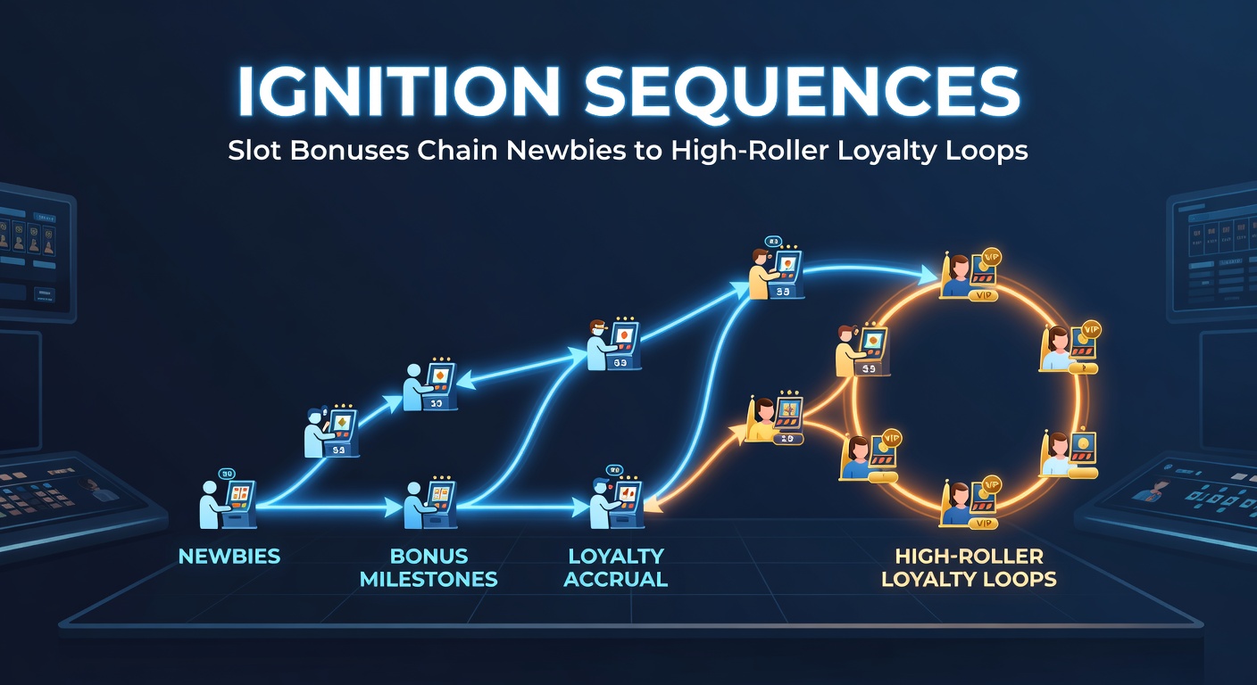Dynamic flowchart of slot bonus chains evolving from newbie free spins to high-roller VIP loyalty escalators