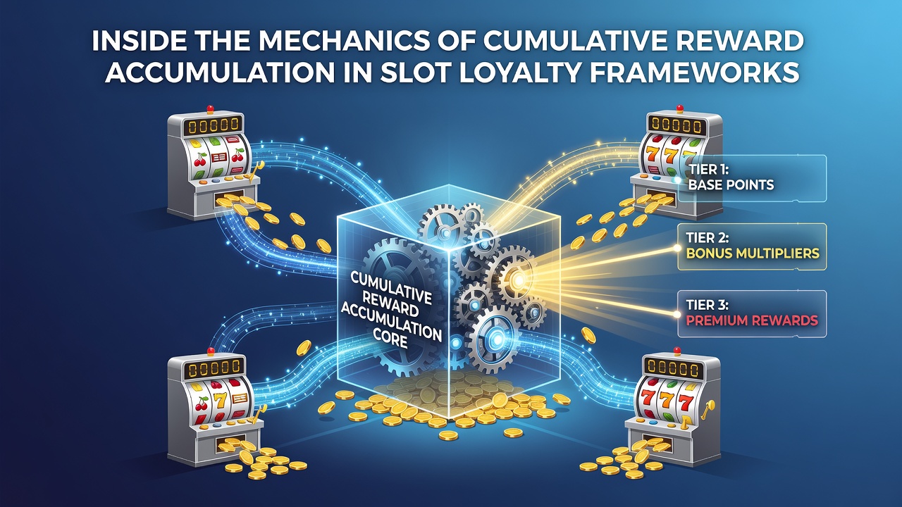 Diagram showing point accumulation pathways in tiered slot loyalty systems with multipliers and redemption flows