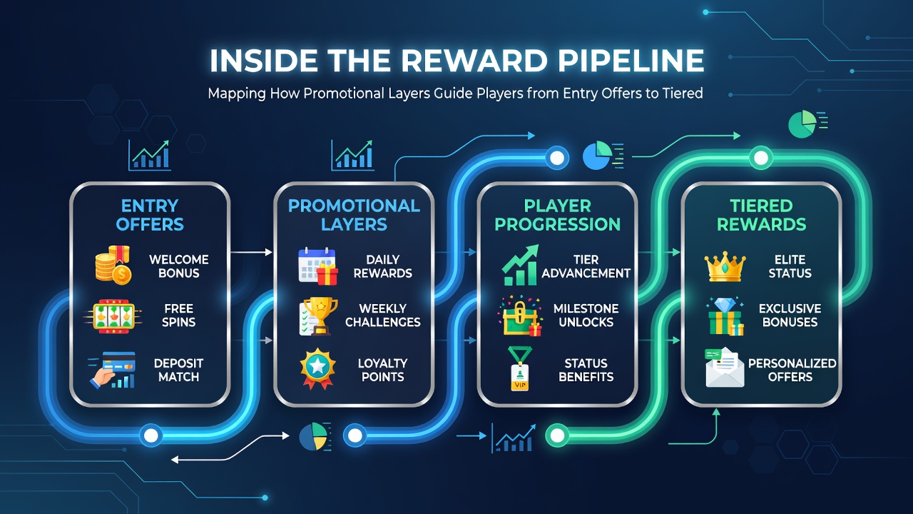 Flow diagram illustrating promotional layers advancing players through retention tiers on digital slot platforms