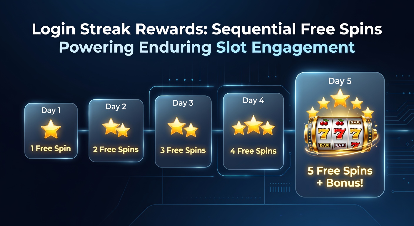 Illustration of a slot machine calendar showing sequential free spins rewards building up over daily logins, with glowing spin icons accumulating day by day