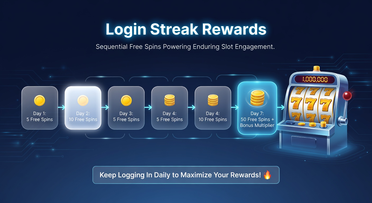 Screenshot of a mobile casino app dashboard displaying a 7-day login streak progress bar filled with free spin icons, multipliers glowing for extended chains, and a calendar overlay marking upcoming rewards