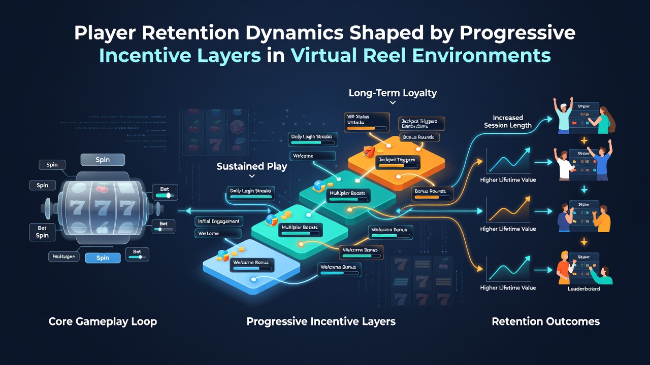 Infographic displaying retention statistics and tier progression timelines in virtual reel gaming environments