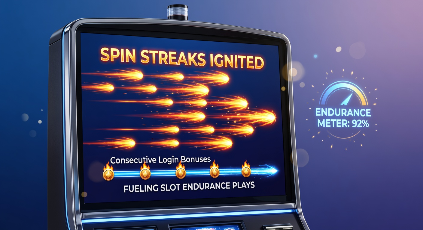 Vibrant slot machine reels spinning with glowing bonus streak counters overlayed, illustrating consecutive login rewards building momentum