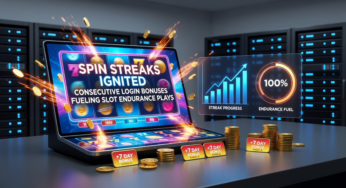 Animated graphic of a fiery streak counter climbing daily, with slot icons exploding into bonus rewards at each milestone