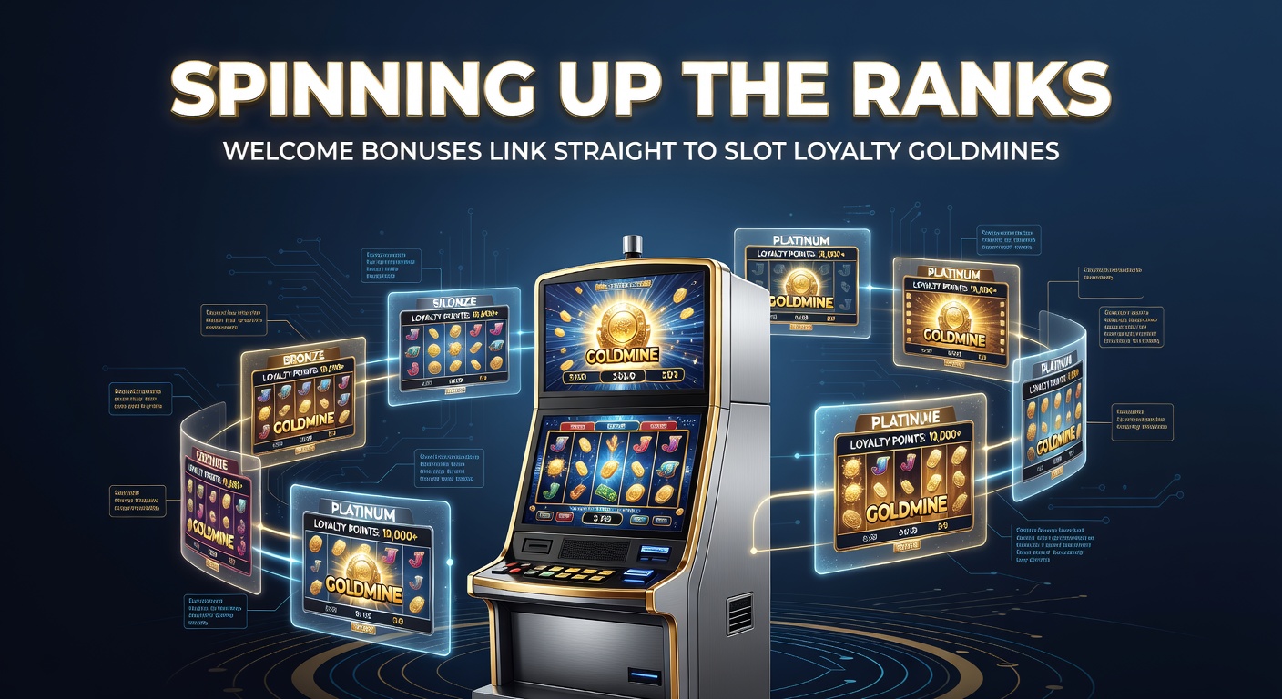 Vibrant slot machine reels with golden loyalty badges cascading down, symbolizing the transition from welcome offers to tiered rewards