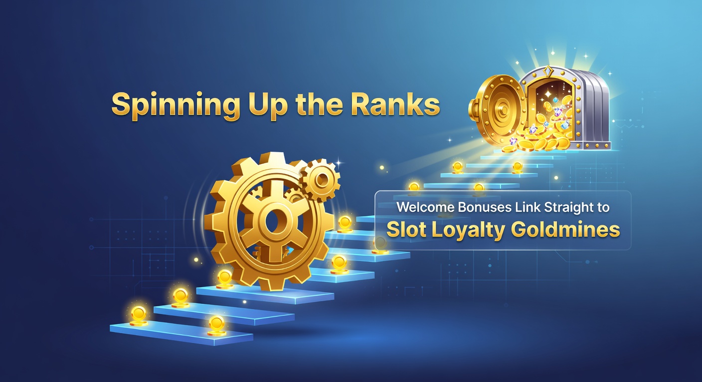 Golden loyalty pyramid with welcome bonus coins rolling up tiers toward a jackpot crown, illustrating player progression