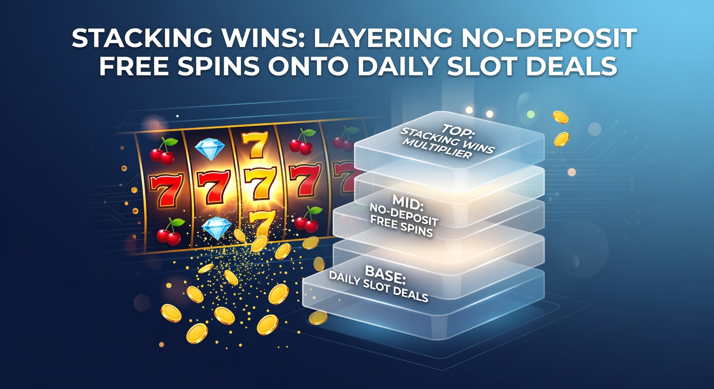 Dynamic graphic of slot bonus layers stacking like building blocks, with free spins icons merging into daily deal explosions