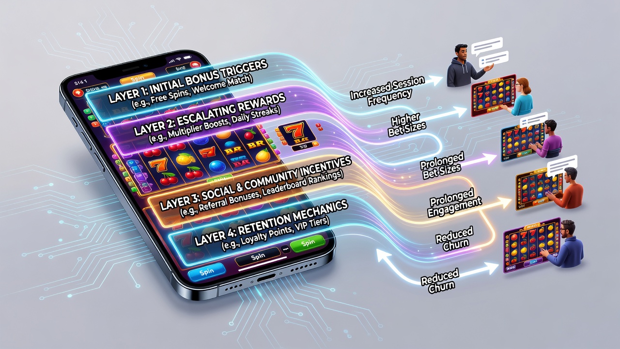 Analytics dashboard showing player engagement metrics influenced by stacked slot bonuses