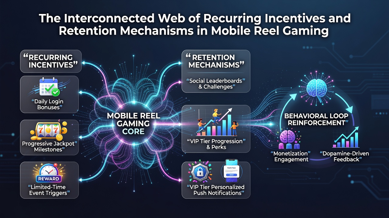 Illustration showing interconnected bonus systems and player retention loops in mobile reel gaming