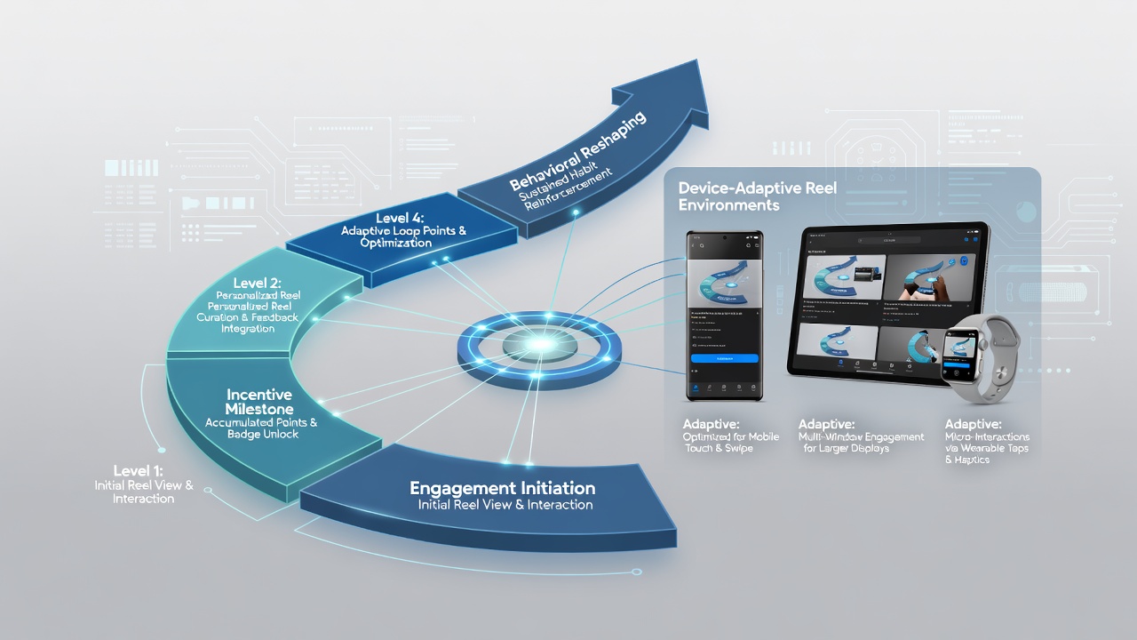 Illustration showing cross-device synchronization of tiered rewards and engagement metrics in reel-based gaming environments