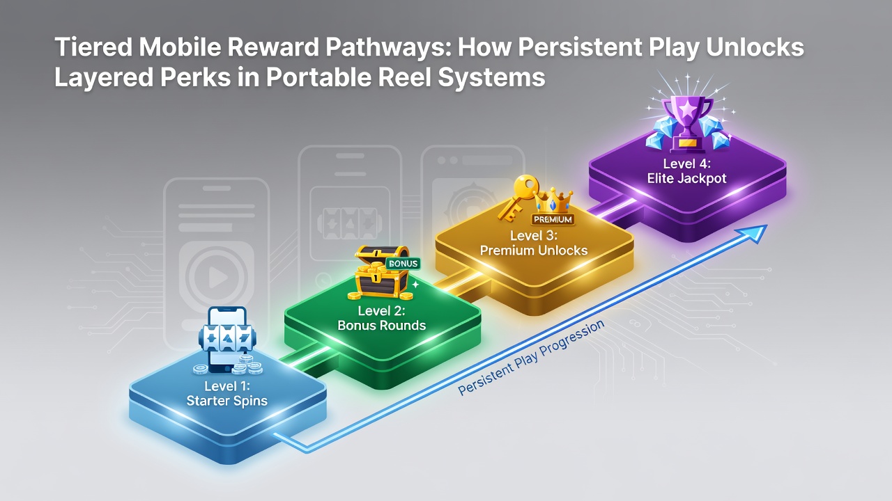 Infographic showing progression from base tier to VIP level with icons representing free spins, multipliers, and exclusive events in mobile slots