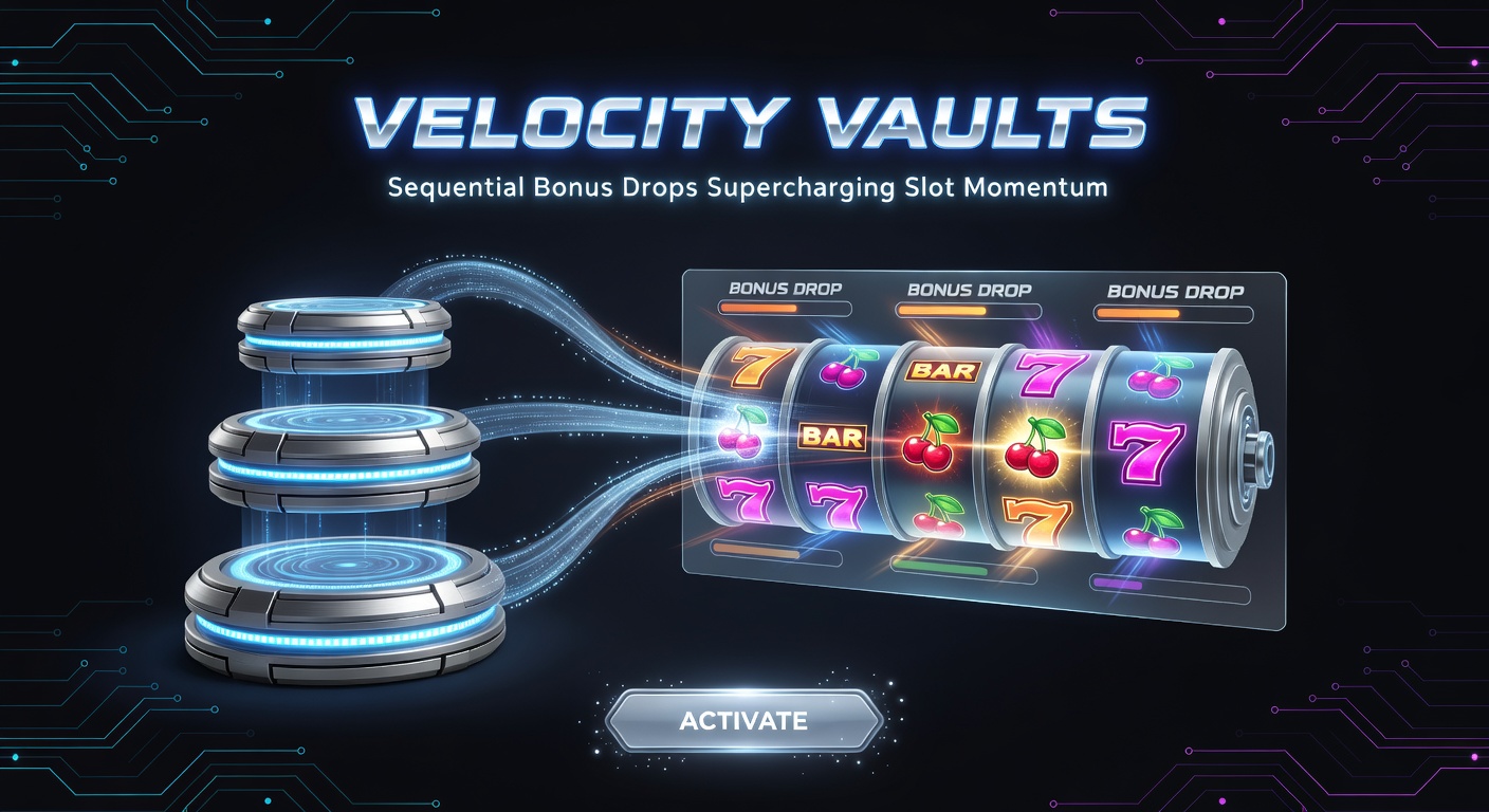 Close-up of a Velocity Vaults bonus round with glowing sequential drops exploding onto the reels, multipliers stacking in a chain reaction
